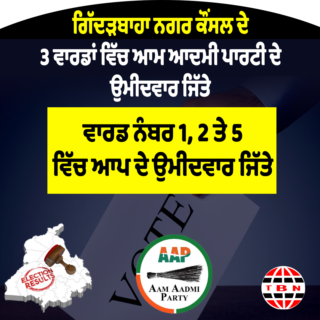 ਗਿੱਦੜਬਾਹਾ ਨਗਰ ਕੌਂਸਲ ਦੇ 3 ਵਾਰਡਾਂ ਵਿੱਚ ਆਮ ਆਦਮੀ ਪਾਰਟੀ ਦੇ ਉਮੀਦਵਾਰ ਜਿੱਤੇ